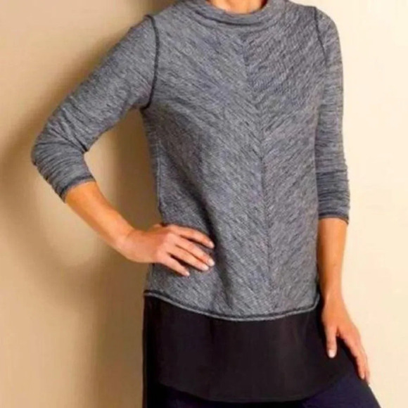 SOFT SURROUNDINGS York Tiered Pullover Sweater Gray Black Chiffon Size Medium - Picture 1 of 8